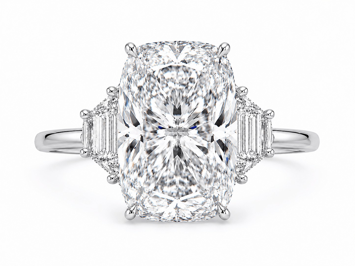 11.63 Carats Lab Grown Elongated Cushion Cut with Epaulette Three Stone Diamond Engagement Ring