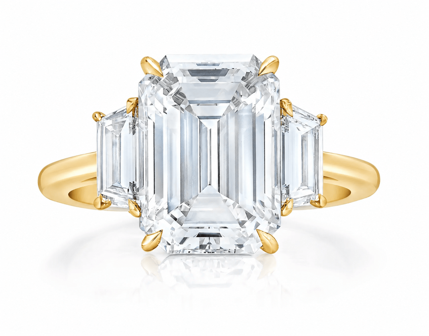 11.52 Carats Emerald with Trapezoid Side Stones Lab Grown Diamond Engagement Ring Yellow Gold