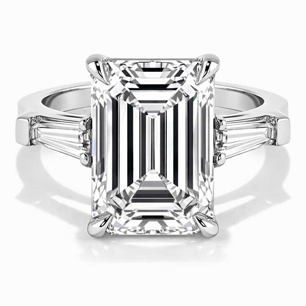 11.18 Carats Lab Grown Emerald Cut with Tapered Baguette Side Stones Diamond Engagement Ring
