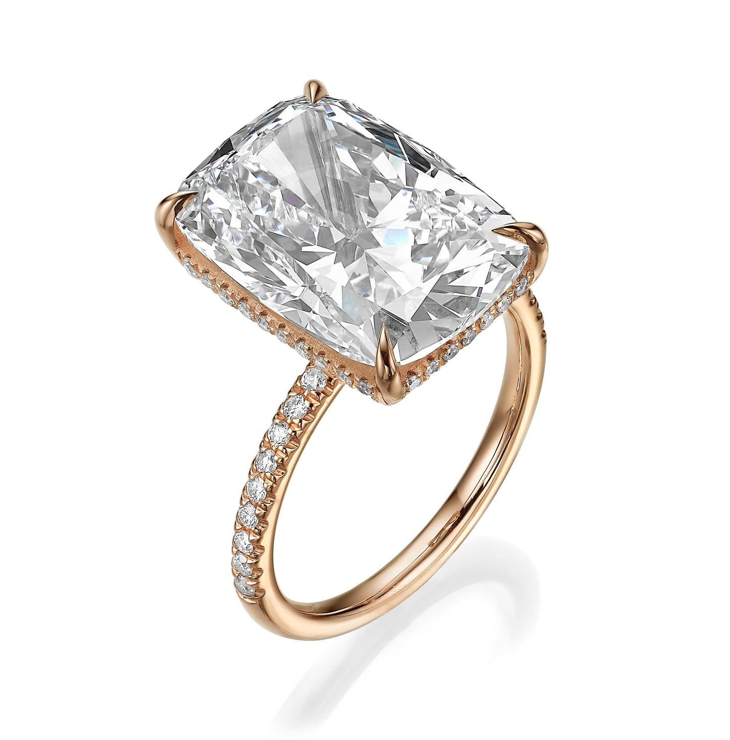 11.07 Carats Lab Grown Elongated Cushion Cut Micropaved Side Stones Hidden Halo Diamond Engagement Ring