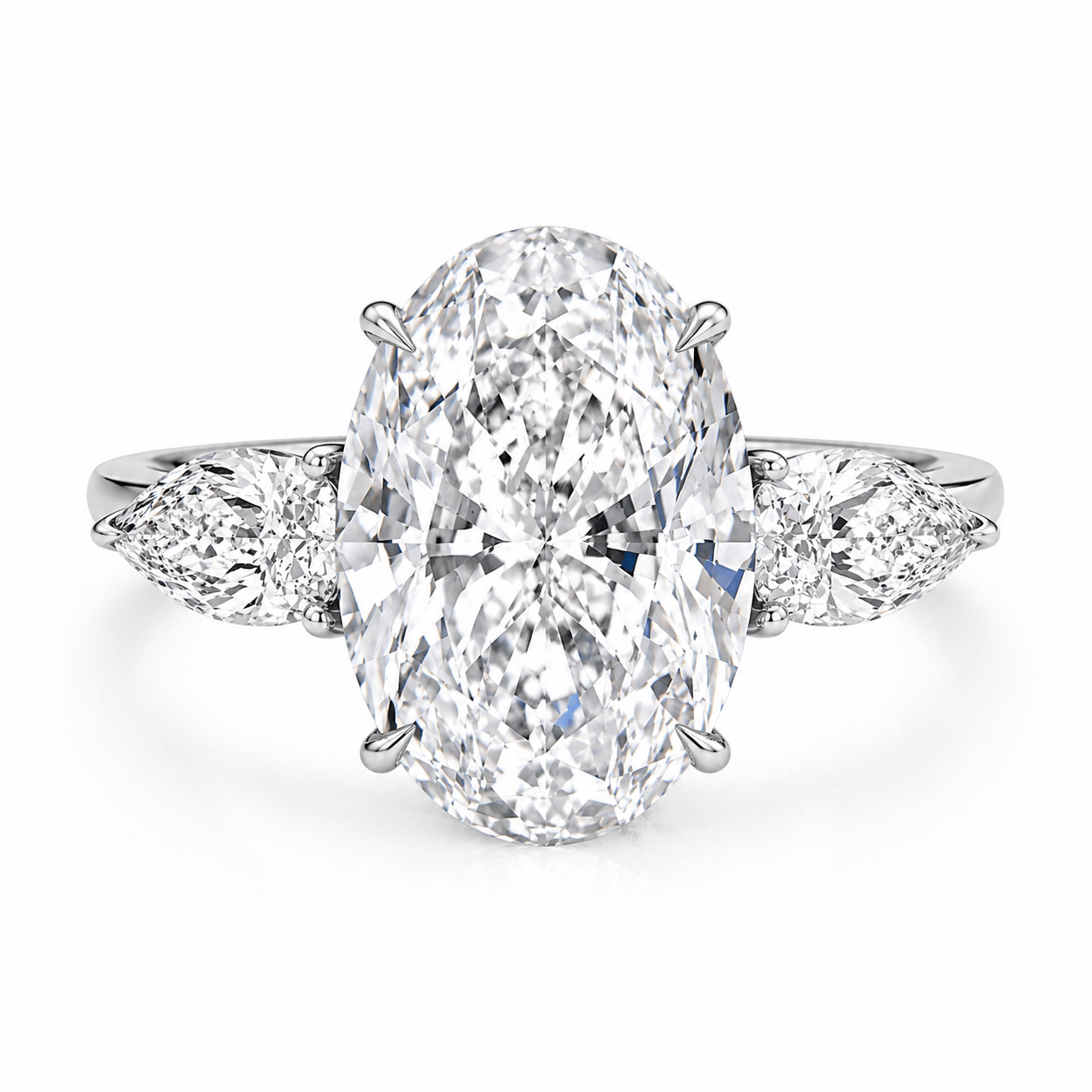 12.50 Carats Lab Grown Oval Cut with Pear shaped Side Stones Diamond Engagement Ring