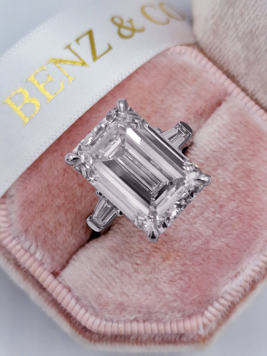 13.60 Carats Lab Grown Emerald Cut with Tapered Baguette Side Stones Diamond Engagement Ring