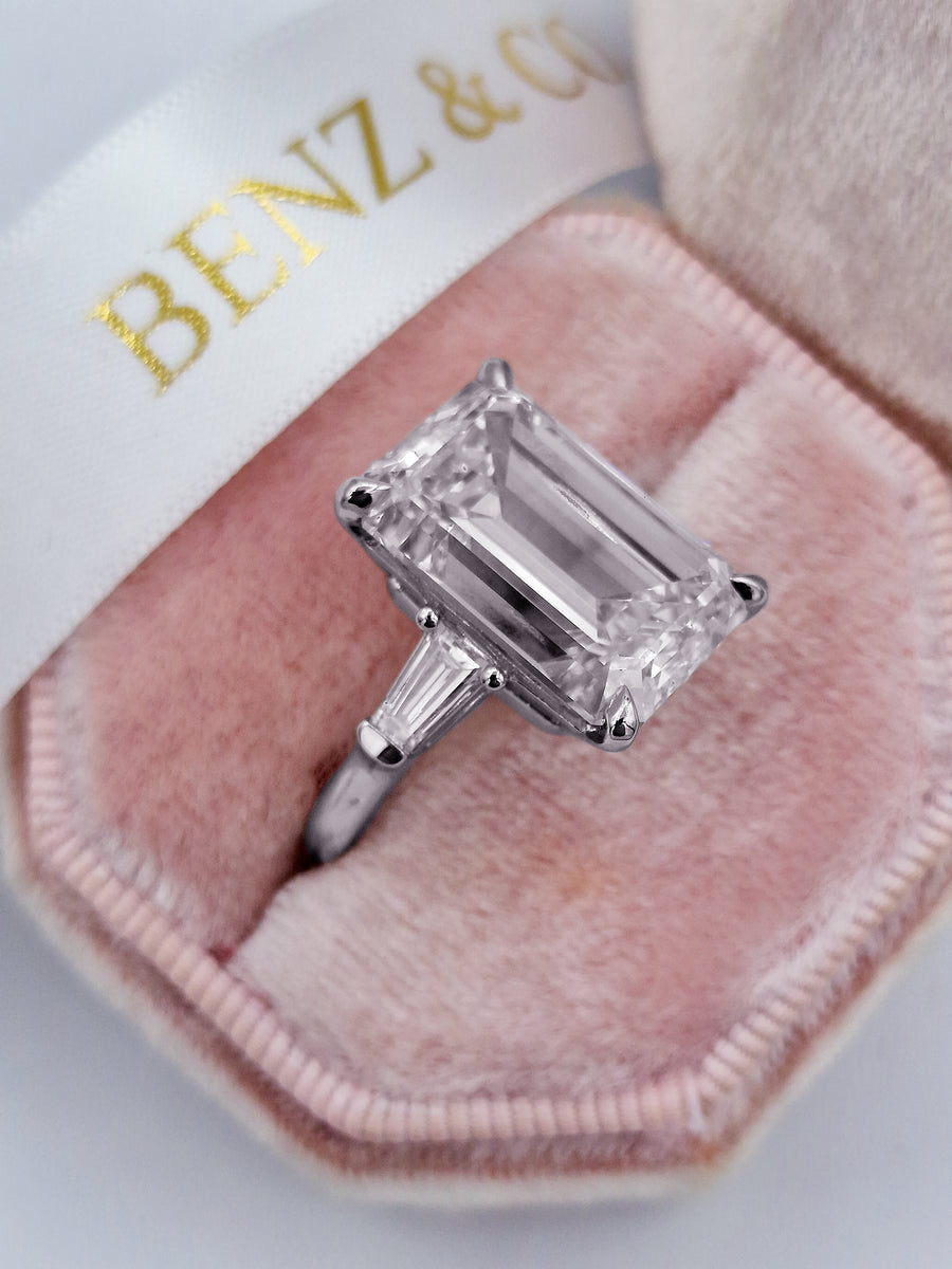 13.60 Carats Lab Grown Emerald Cut with Tapered Baguette Side Stones Diamond Engagement Ring