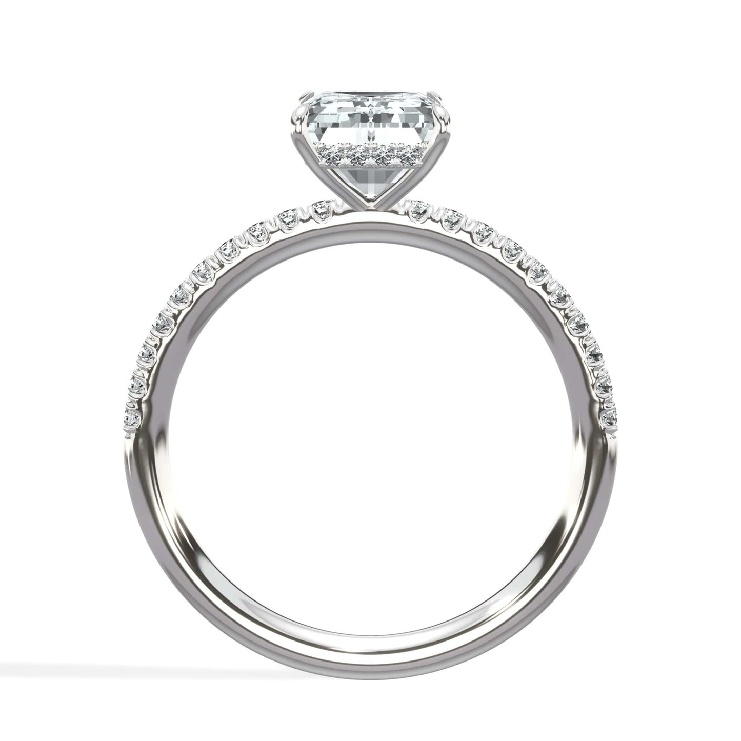 2.52 Carats Lab Grown Emerald Cut Micropaved Side Stones Hidden Halo Diamond Engagement Ring