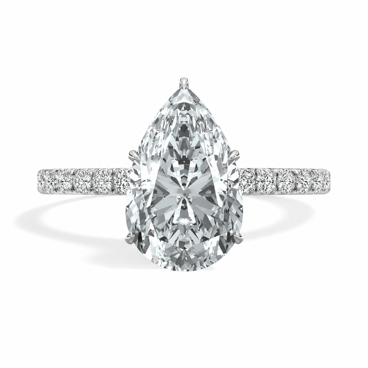 2.51 Carats Lab Grown Pear Shape Micropaved Side Stones Hidden Halo Diamond Engagement Ring