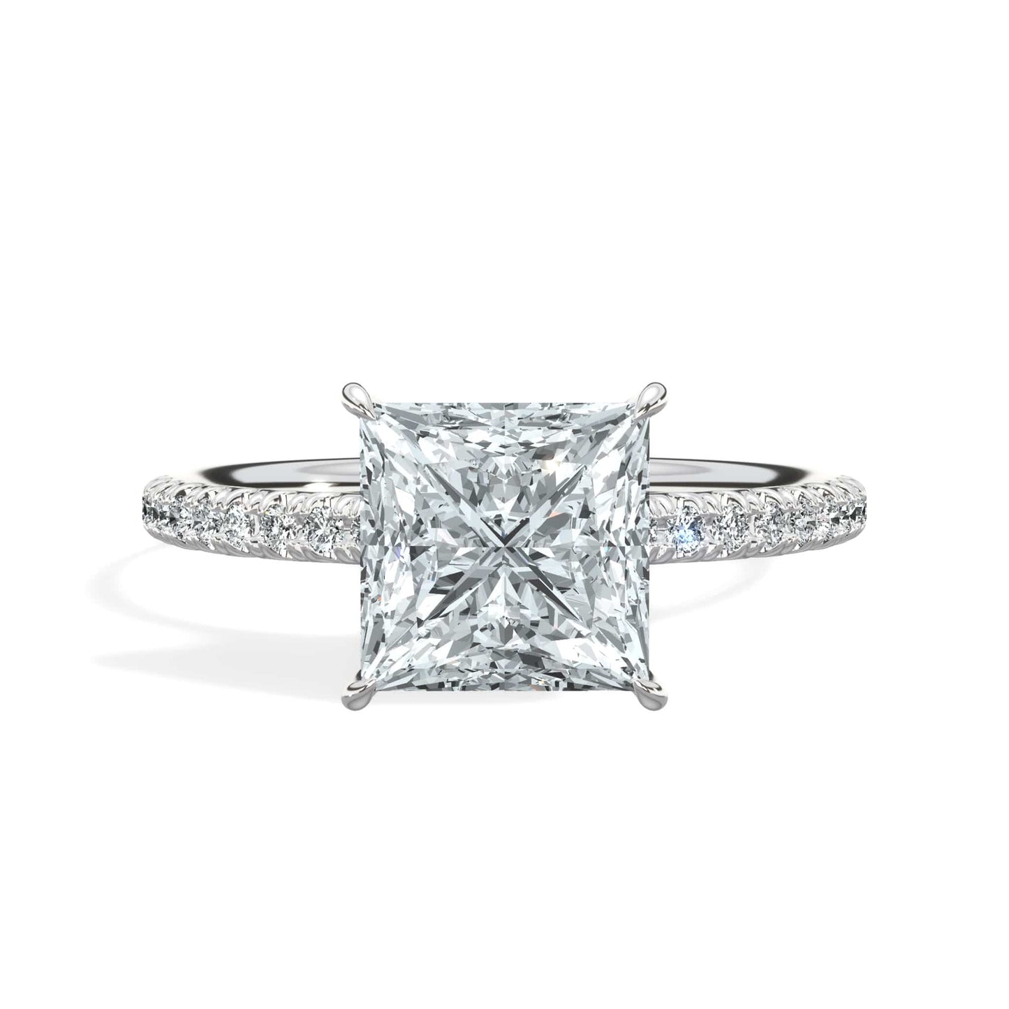 2.50 Carat Lab Grown Princess Cut Micropaved Side Stones Hidden Halo Diamond Engagement Ring