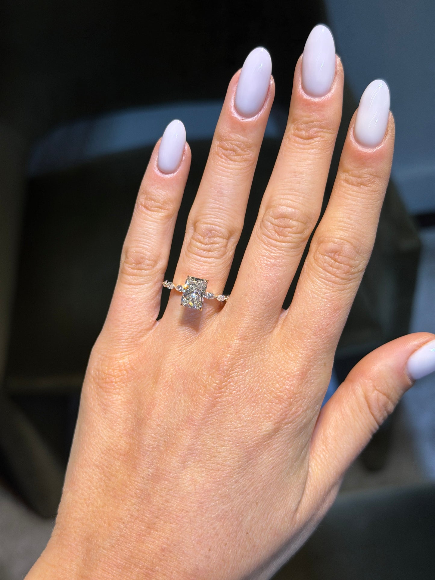 3 Carats Lab Grown Radiant Cut with Marquise Side Stones Hidden Halo Diamond Engagement Ring Yellow Gold