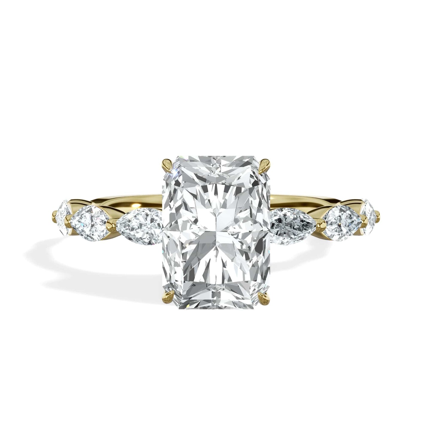 3 Carats Lab Grown Radiant Cut with Marquise Side Stones Hidden Halo Diamond Engagement Ring Yellow Gold