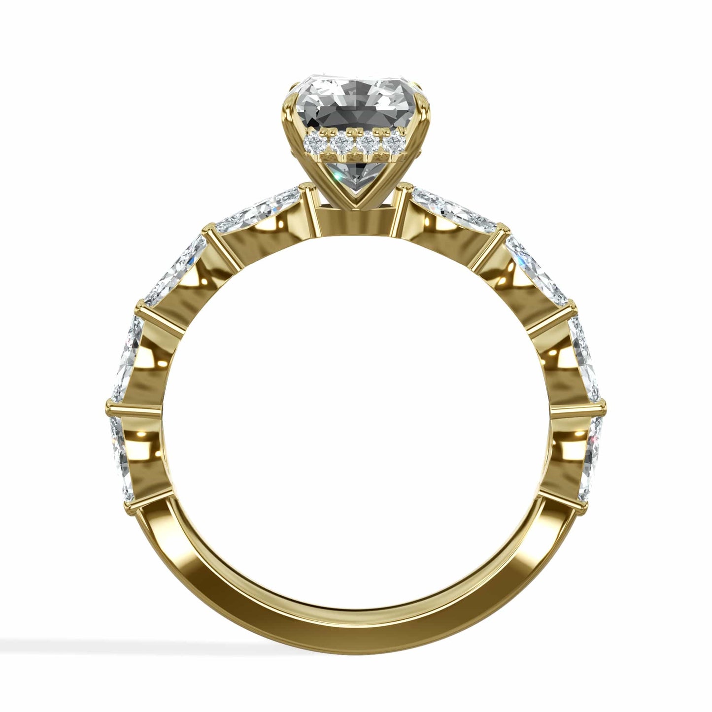 3 Carats Lab Grown Radiant Cut with Marquise Side Stones Hidden Halo Diamond Engagement Ring Yellow Gold