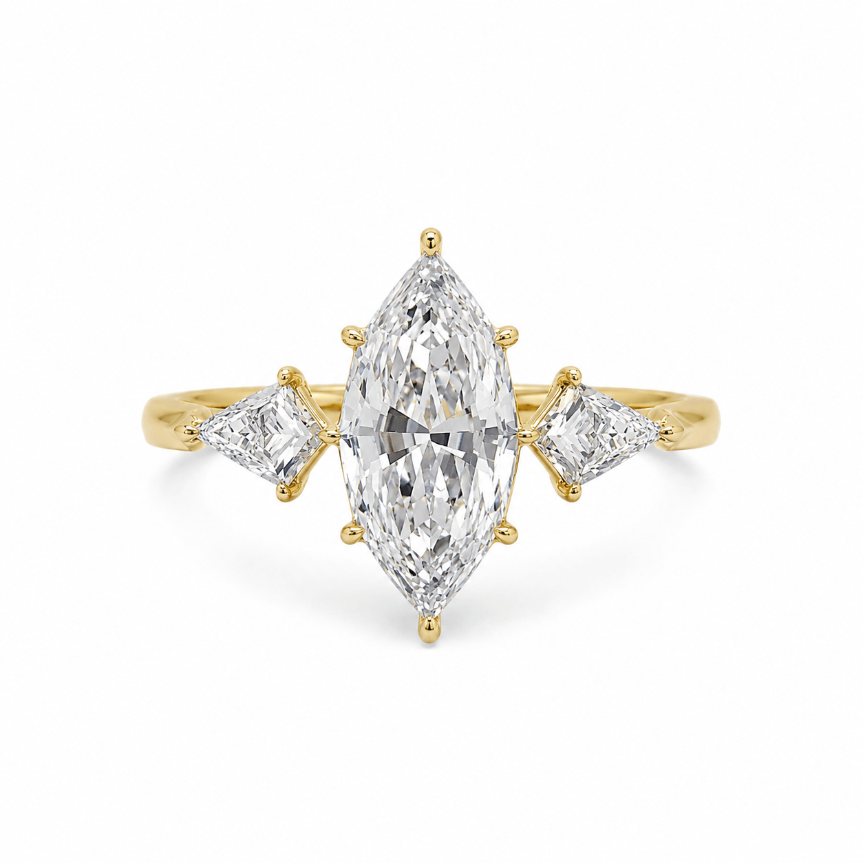 2.62 Carat Lab Grown Marquise Step Cut with Kites Three Stone Diamond Engagement Ring Yellow Gold