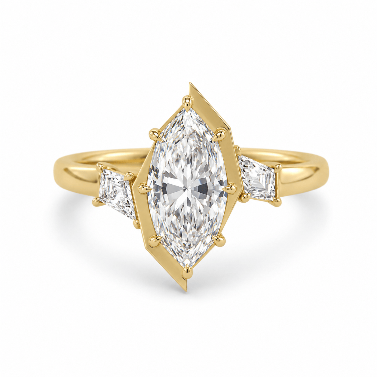 2.40 Carat Lab Grown Marquise Step Cut with Kites Unique Diamond Engagement Ring In Yellow Gold