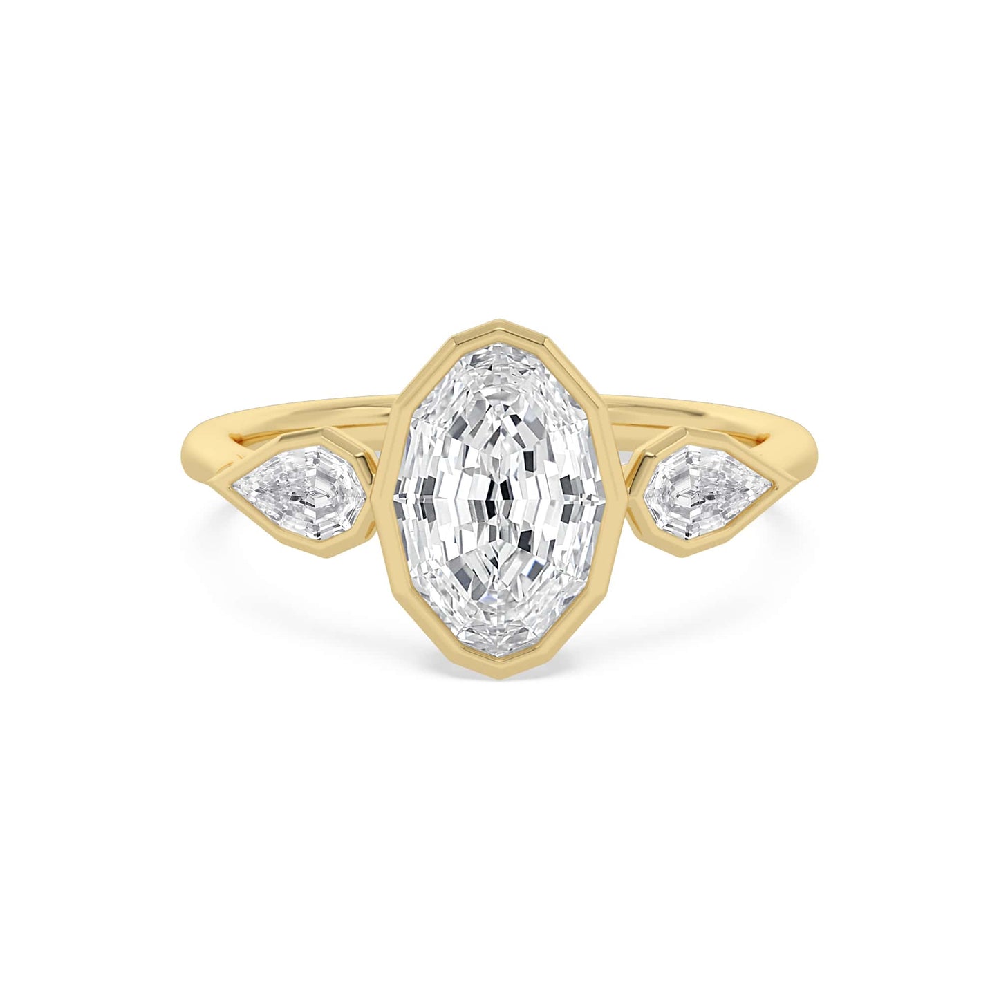2.57 Carat Lab Grown Oval Step Cut with Pear Step Cut Three Stone Diamond Engagement Ring Yellow Gold