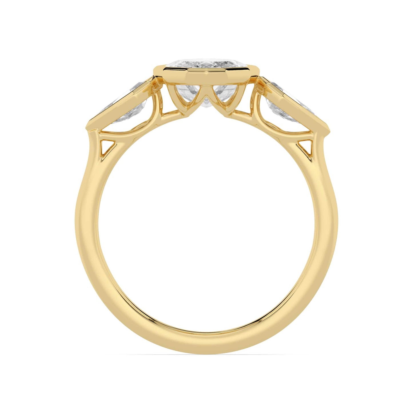 2.57 Carat Lab Grown Oval Step Cut with Pear Step Cut Three Stone Diamond Engagement Ring Yellow Gold