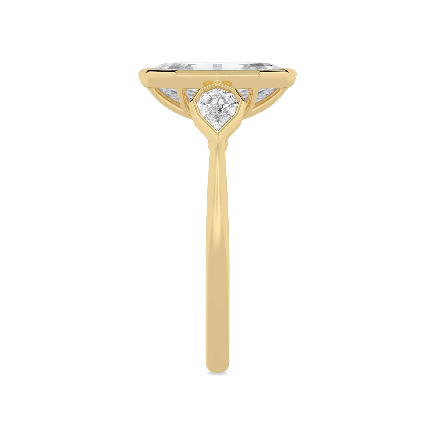 2.57 Carat Lab Grown Oval Step Cut with Pear Step Cut Three Stone Diamond Engagement Ring Yellow Gold