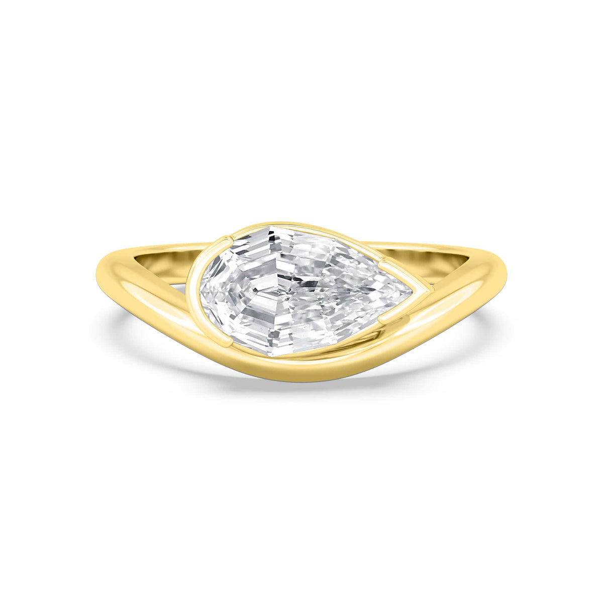 2 Carat Lab Grown Pear Step Cut Diamond Solitaire East West Engagement Ring In Yellow Gold