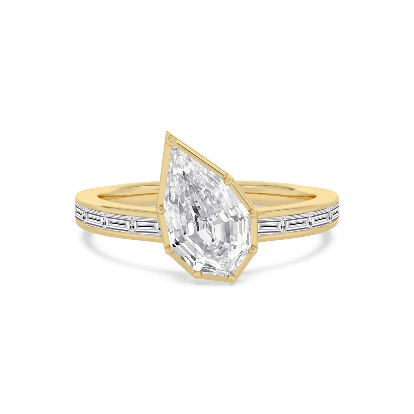 2.55 Carat Lab Grown Pear Step Cut with Baguettes Slanted Diamond Engagement Ring In Yellow Gold