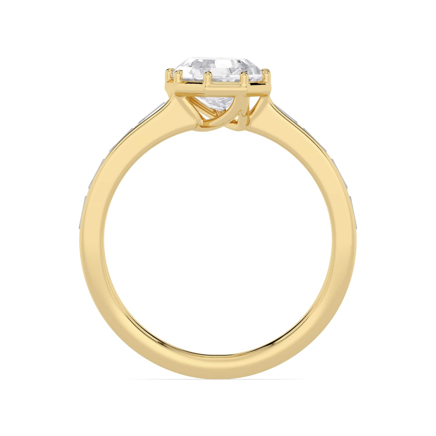 2.55 Carat Lab Grown Pear Step Cut with Baguettes Slanted Diamond Engagement Ring In Yellow Gold