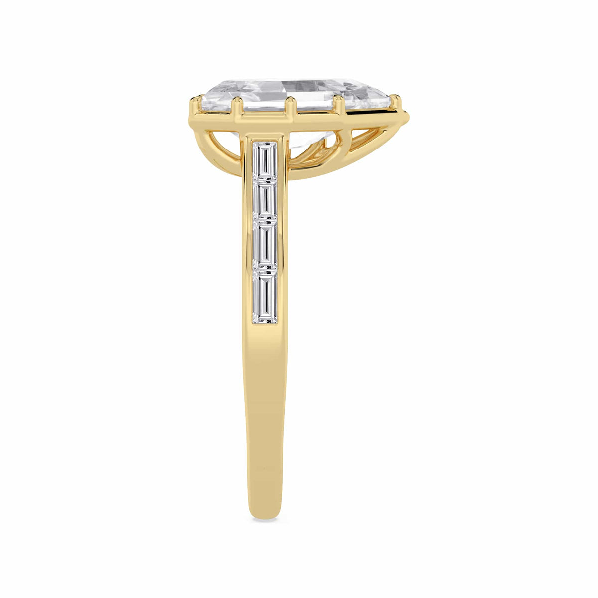 2.55 Carat Lab Grown Pear Step Cut with Baguettes Slanted Diamond Engagement Ring In Yellow Gold
