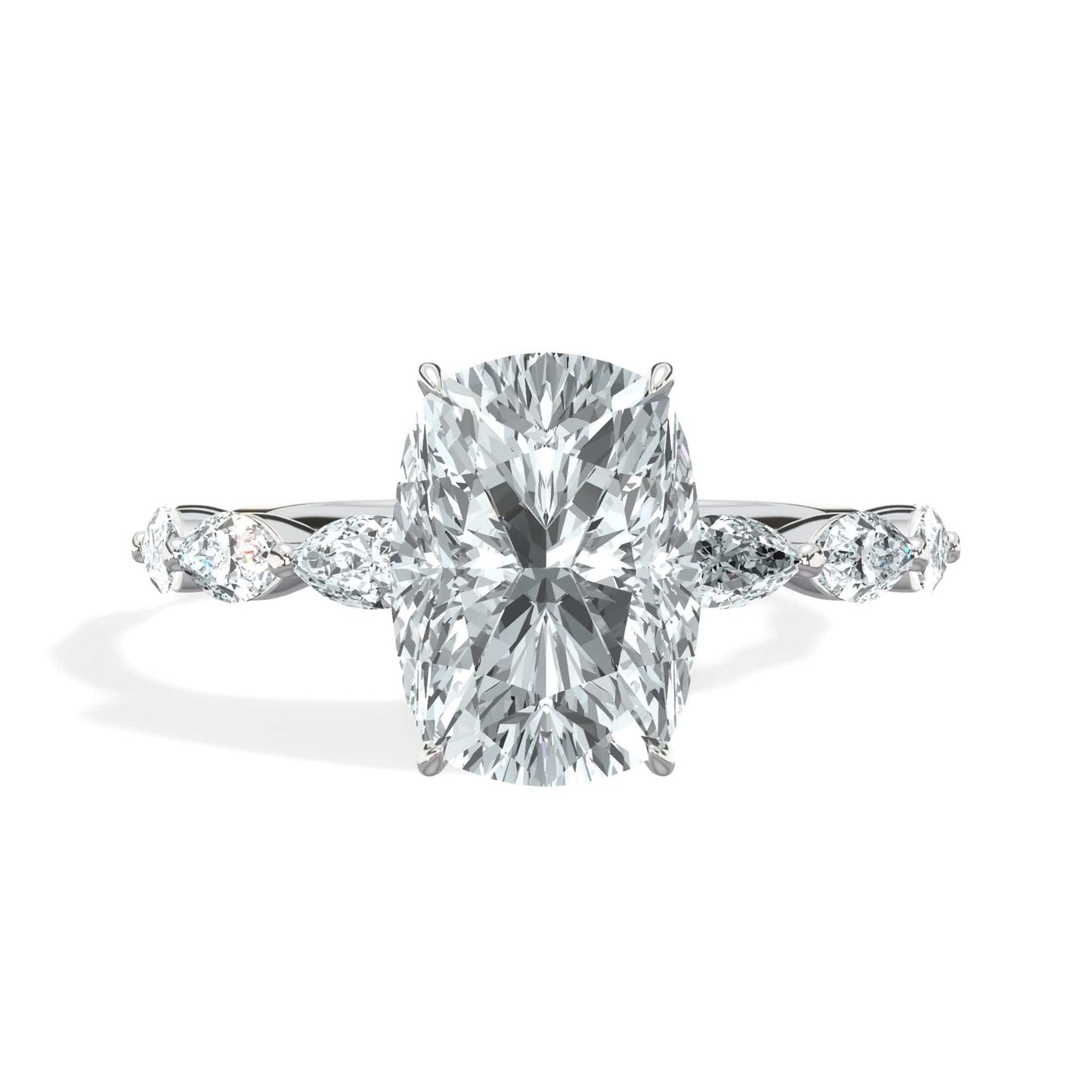 3.01 Carats Lab Grown Elongated Cushion Cut with Marquise Side Stones Hidden Halo Diamond Engagement Ring