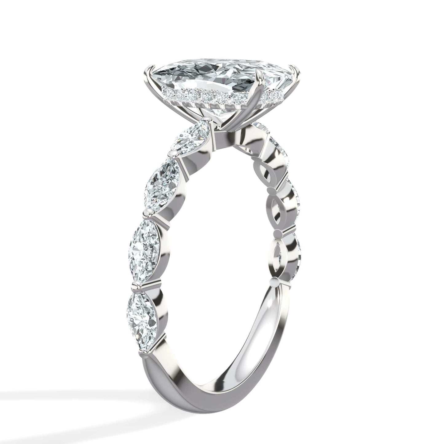 3.01 Carats Lab Grown Elongated Cushion Cut with Marquise Side Stones Hidden Halo Diamond Engagement Ring