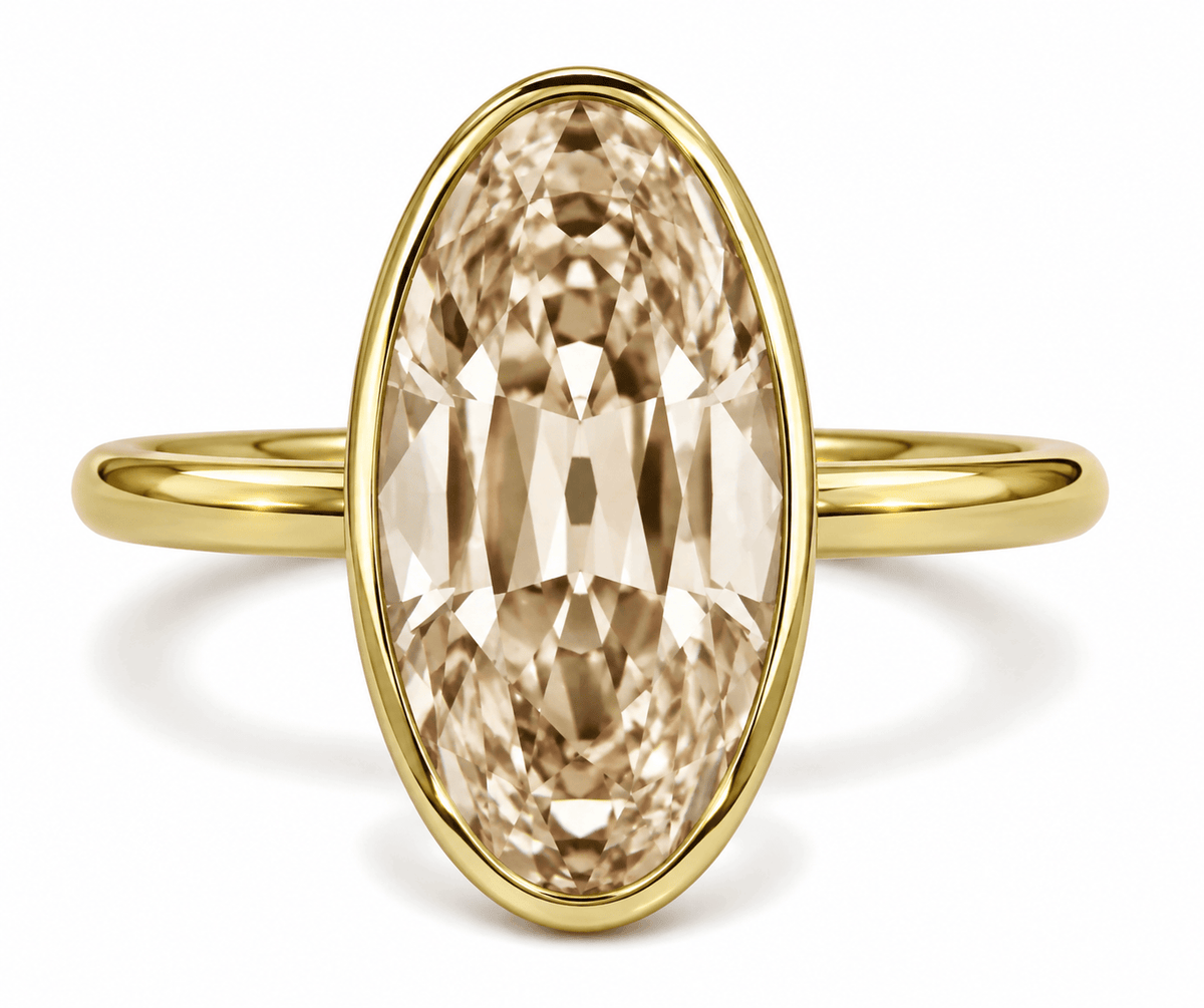 2.51 Carat Lab Grown Oval Cut Bezel Set Champagne Diamond Solitaire Engagement Ring Yellow Gold