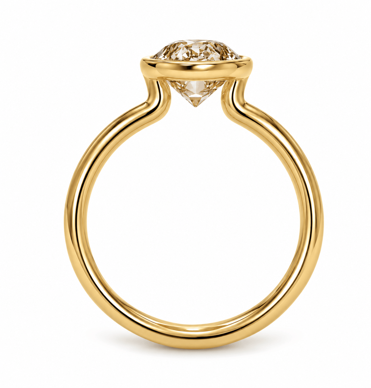 2.51 Carat Lab Grown Oval Cut Bezel Set Champagne Diamond Solitaire Engagement Ring Yellow Gold