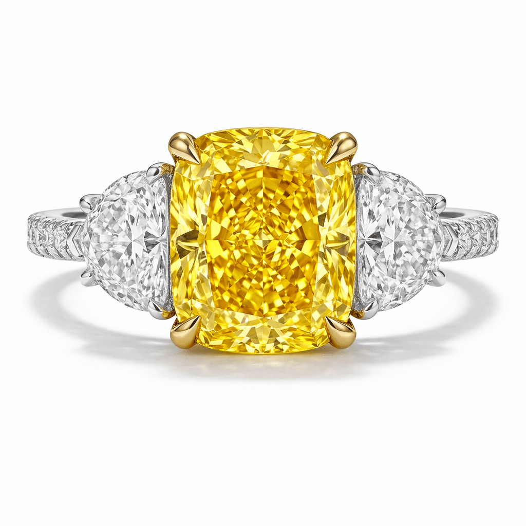 3.20 Carats Cushion Cut Fancy Vivid Yellow Lab Grown Diamond Three-Stone Engagement Ring
