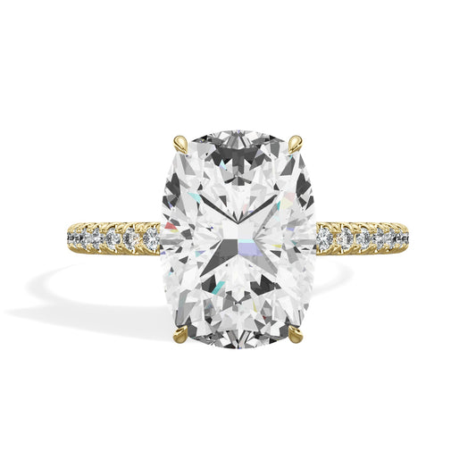 2.95 Carats Lab Grown Elongated Cushion Cut Micropaved Side Stones Hidden Halo Diamond Engagement Ring Yellow Gold