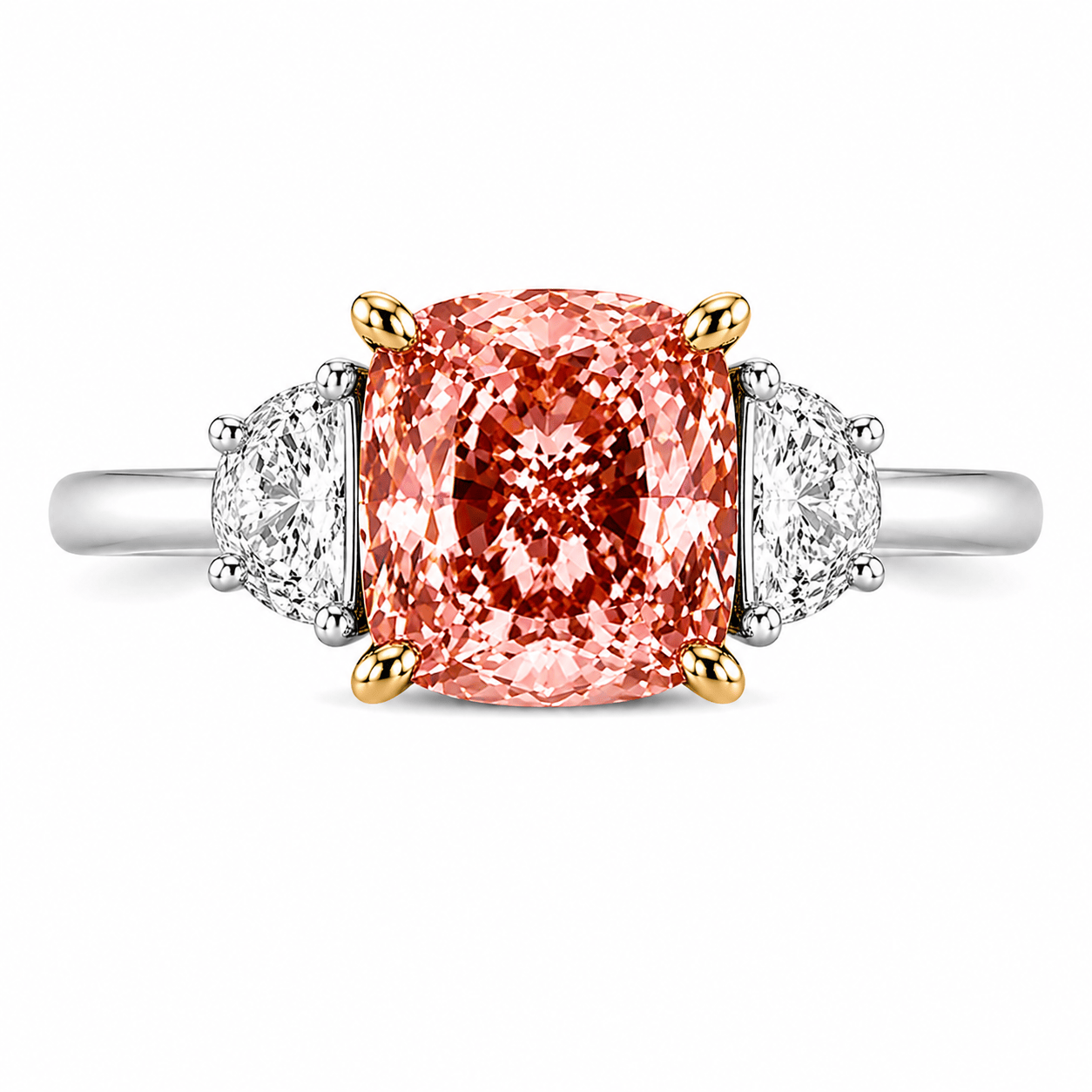 2.47 Carats Lab Grown Fancy Pink Cushion Cut with Half Moon Stones Diamond Engagement Ring