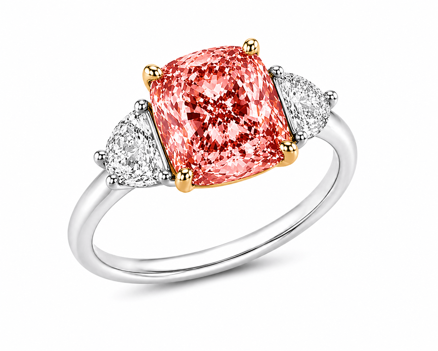 2.47 Carats Lab Grown Fancy Pink Cushion Cut with Half Moon Stones Diamond Engagement Ring