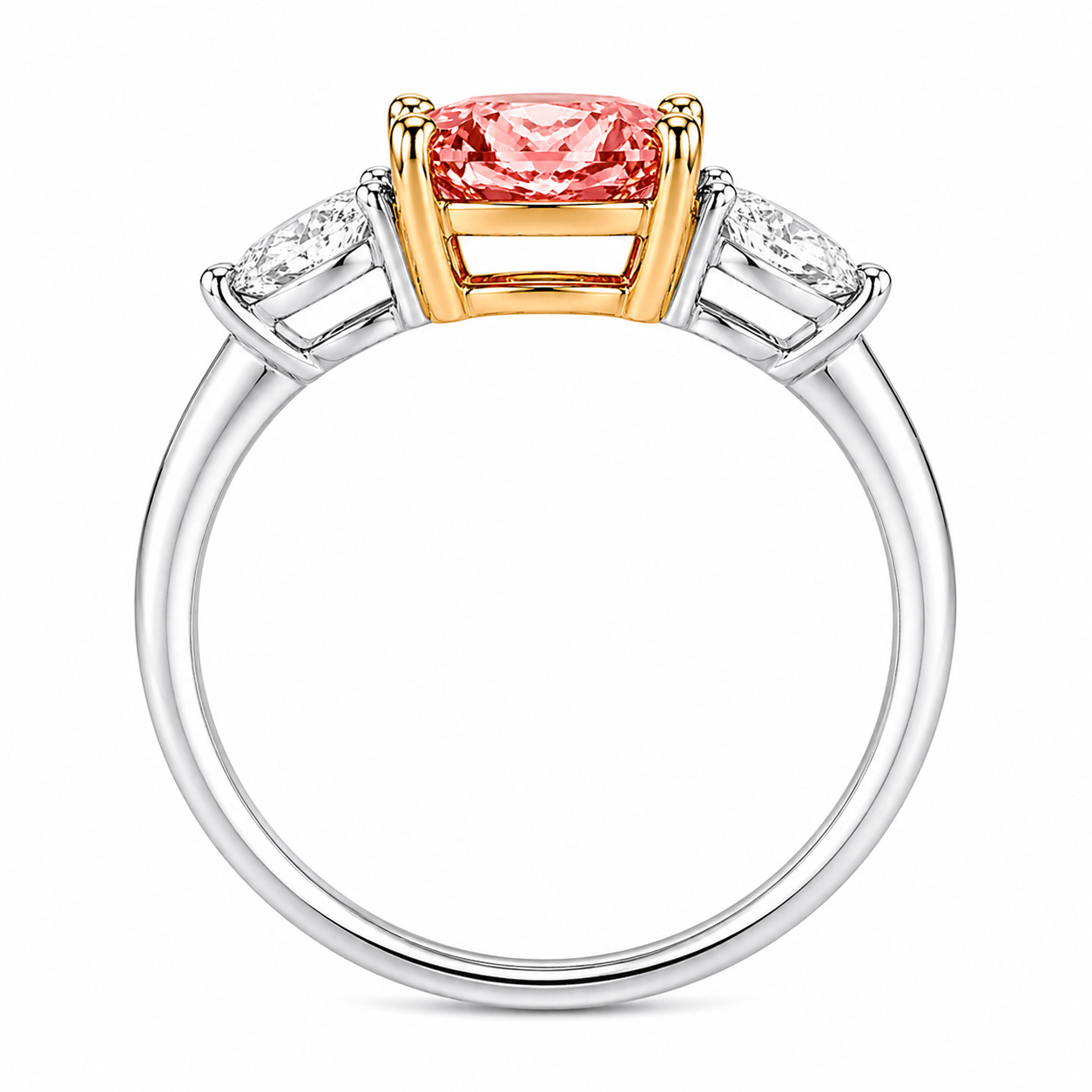 2.47 Carats Lab Grown Fancy Pink Cushion Cut with Half Moon Stones Diamond Engagement Ring