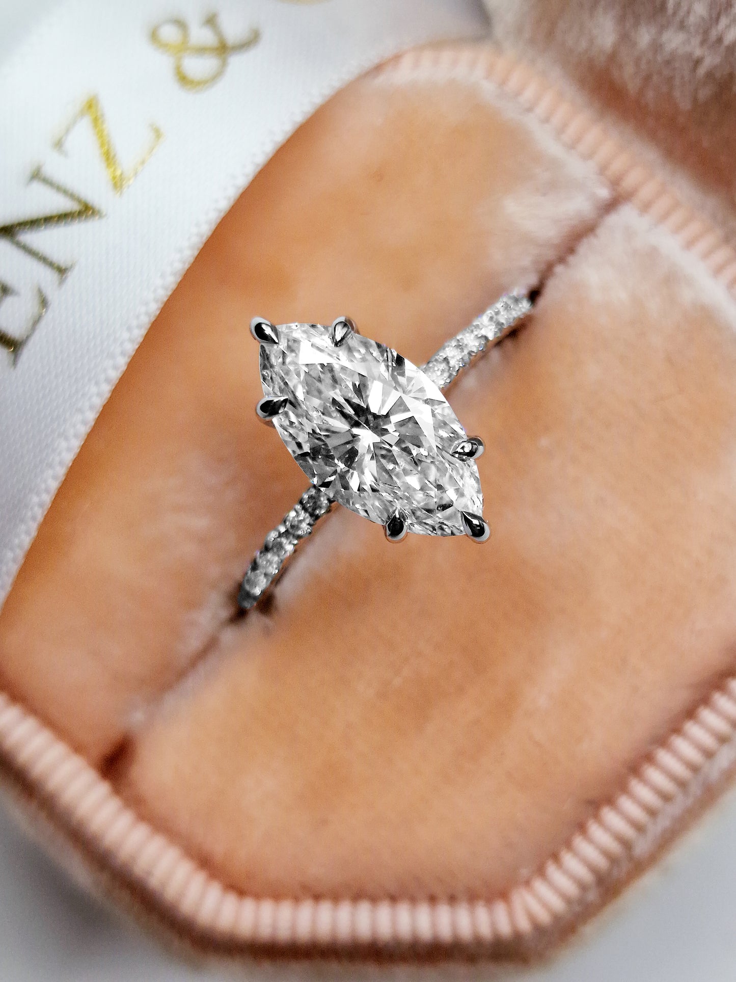 2.38 Carats Lab Grown Marquise Cut Micropaved Side Stones Hidden Halo Diamond Engagement Ring