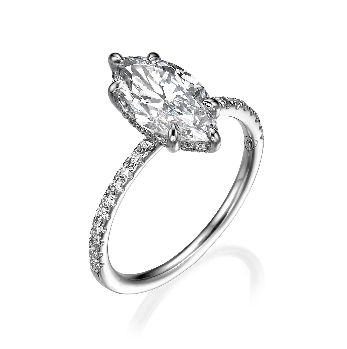 2.38 Carats Lab Grown Marquise Cut Micropaved Side Stones Hidden Halo Diamond Engagement Ring