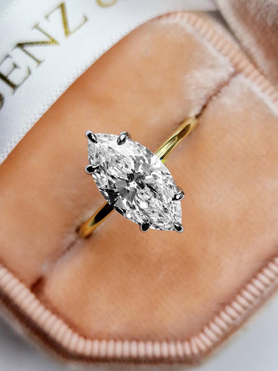 2.87 Carats Lab Grown Marquise Cut Two Tone Solitaire Hidden Halo Diamond Engagement Ring 8.5 14K Yellow White Gold