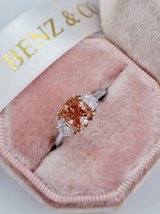 2.47 Carats Lab Grown Fancy Pink Cushion Cut with Half Moon Stones Diamond Engagement Ring