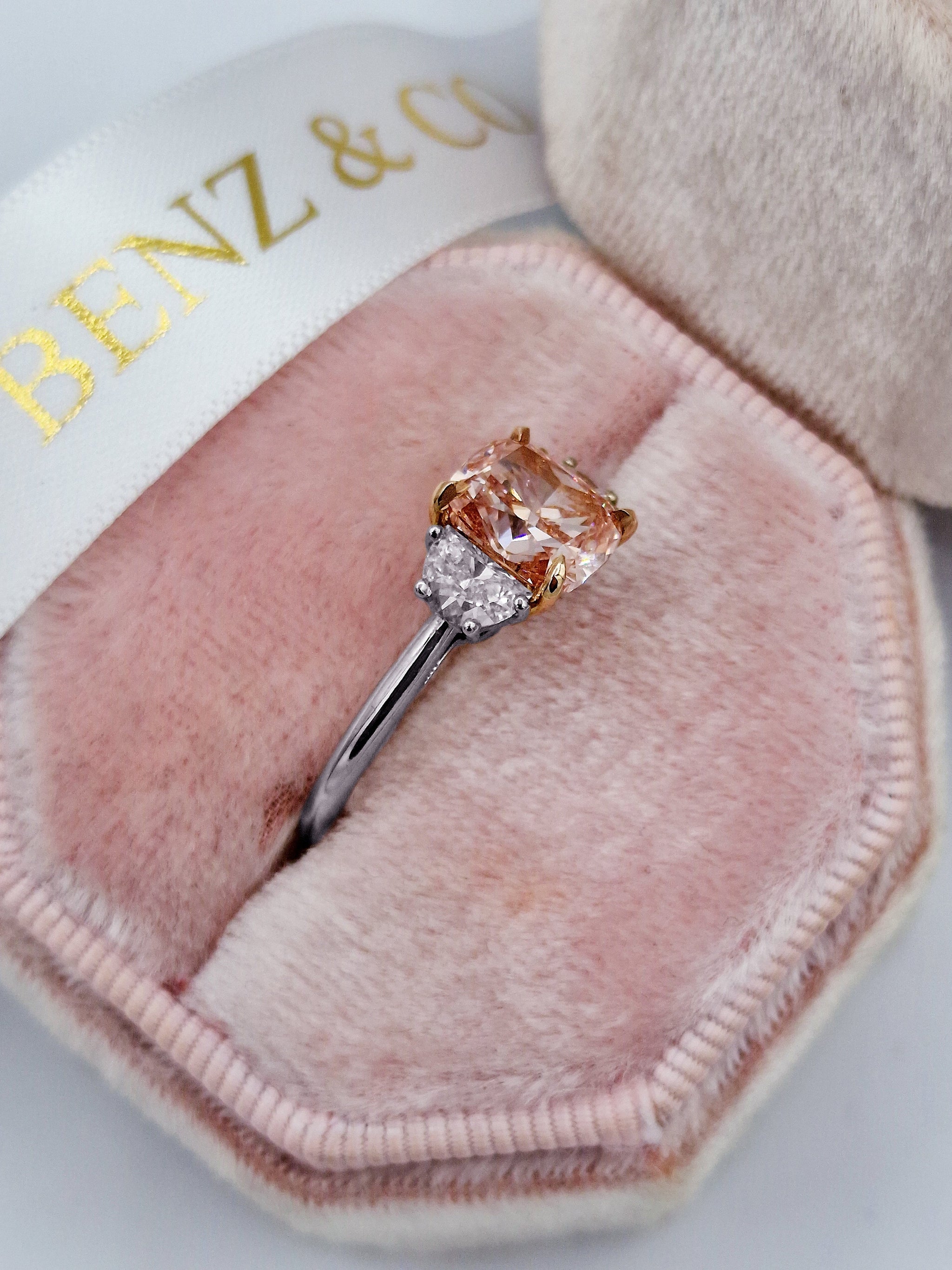 Pink Cushion Cut Engagement Ring with Half Moon Stones