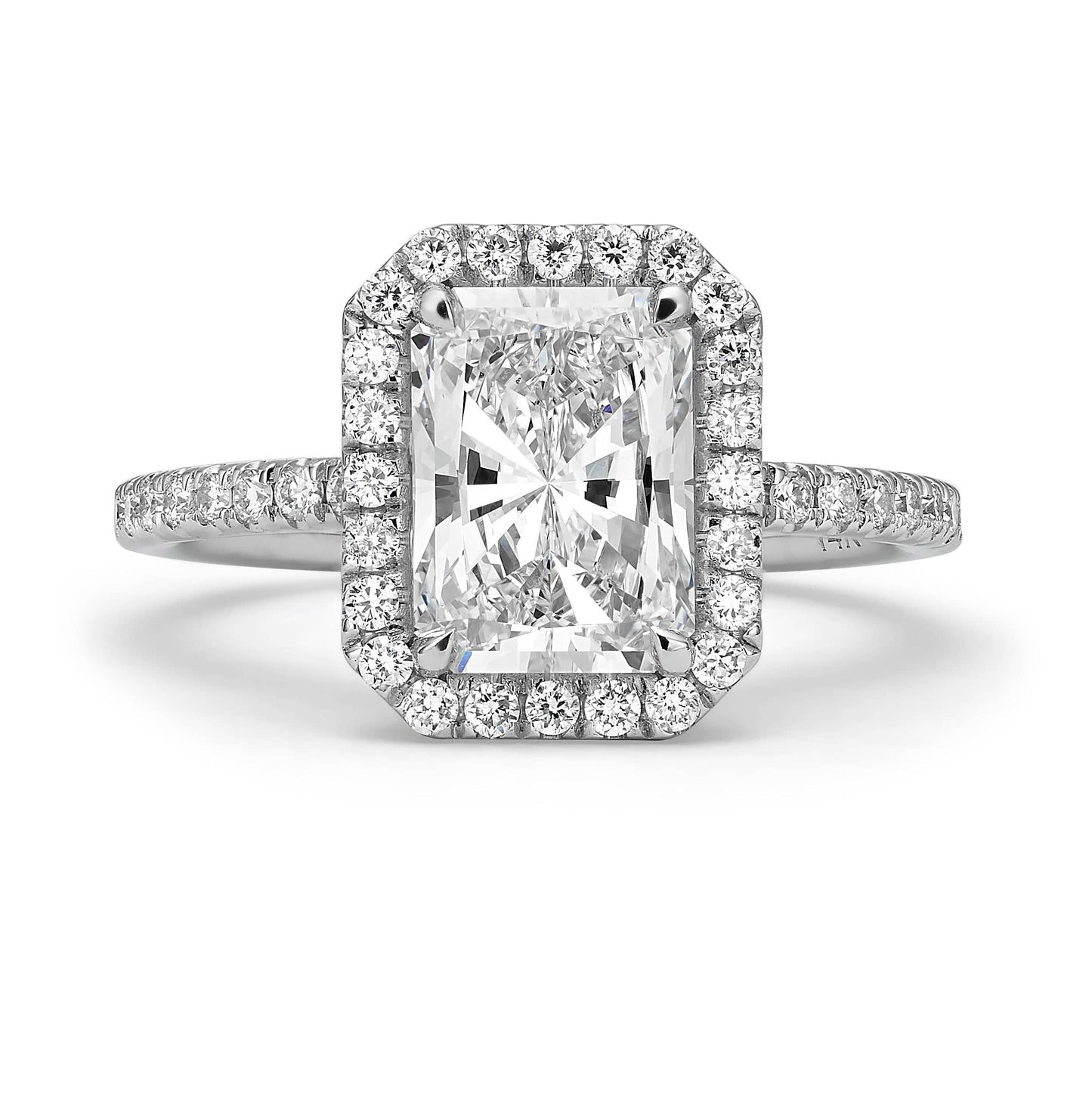 2.50 Carats Lab Grown Radiant Cut Micropave Halo Side Stones Diamond Engagement Ring