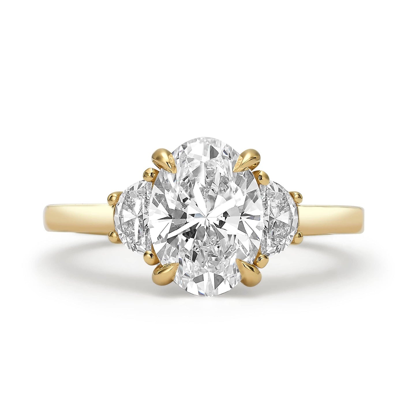 2.42 Carats Lab Grown Oval Cut with Half Moons Sides Three-Stone Diamond Engagement Ring