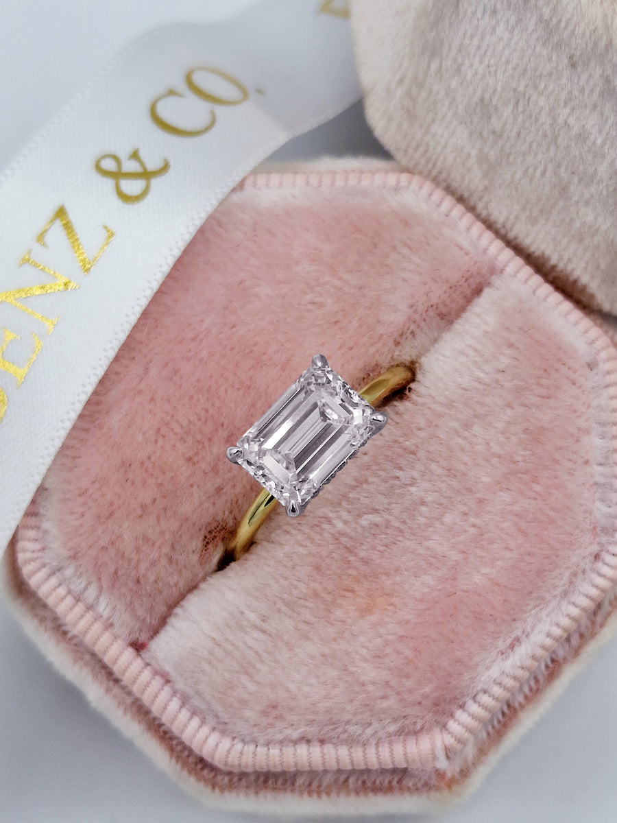 2.36 Carats Lab Grown Emerald Cut East-West Two Tone Solitaire Hidden Halo Diamond Engagement Ring