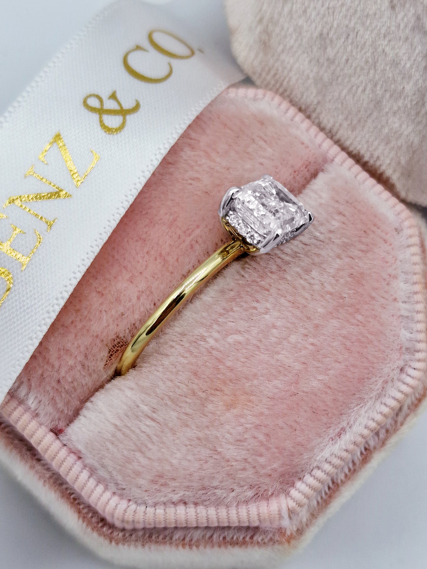 2.36 Carats Lab Grown Emerald Cut East-West Two Tone Solitaire Hidden Halo Diamond Engagement Ring