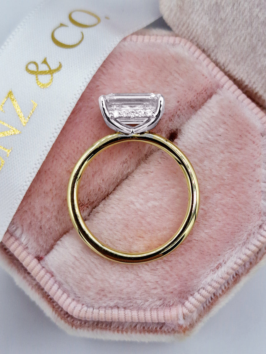 2.36 Carats Lab Grown Emerald Cut East-West Two Tone Solitaire Hidden Halo Diamond Engagement Ring