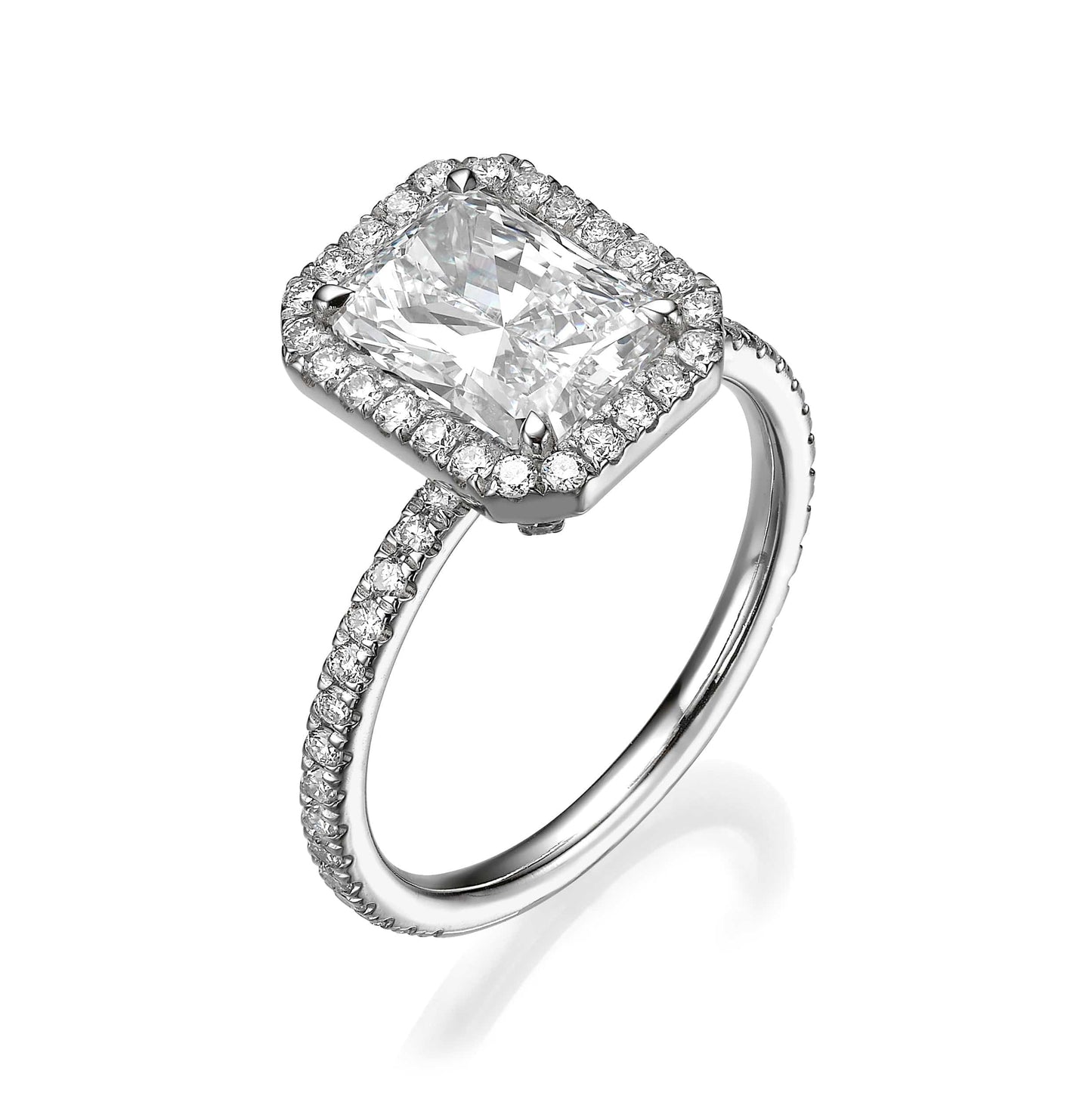 2.50 Carats Lab Grown Radiant Cut Micropave Halo Side Stones Diamond Engagement Ring