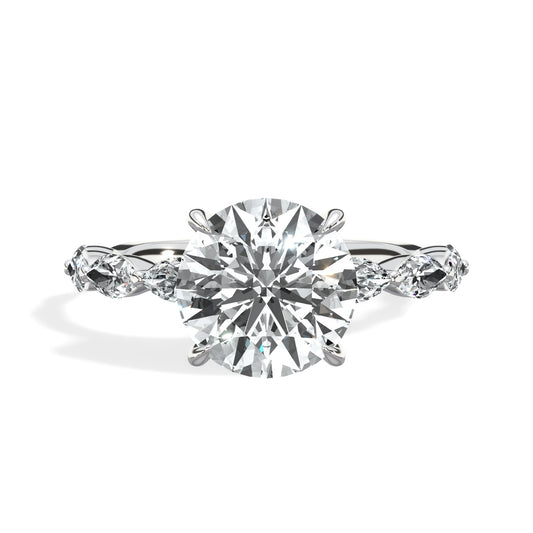 3.11 Carats Lab Grown Round Cut with Marquise Side Stones Hidden Halo Diamond Engagement Ring
