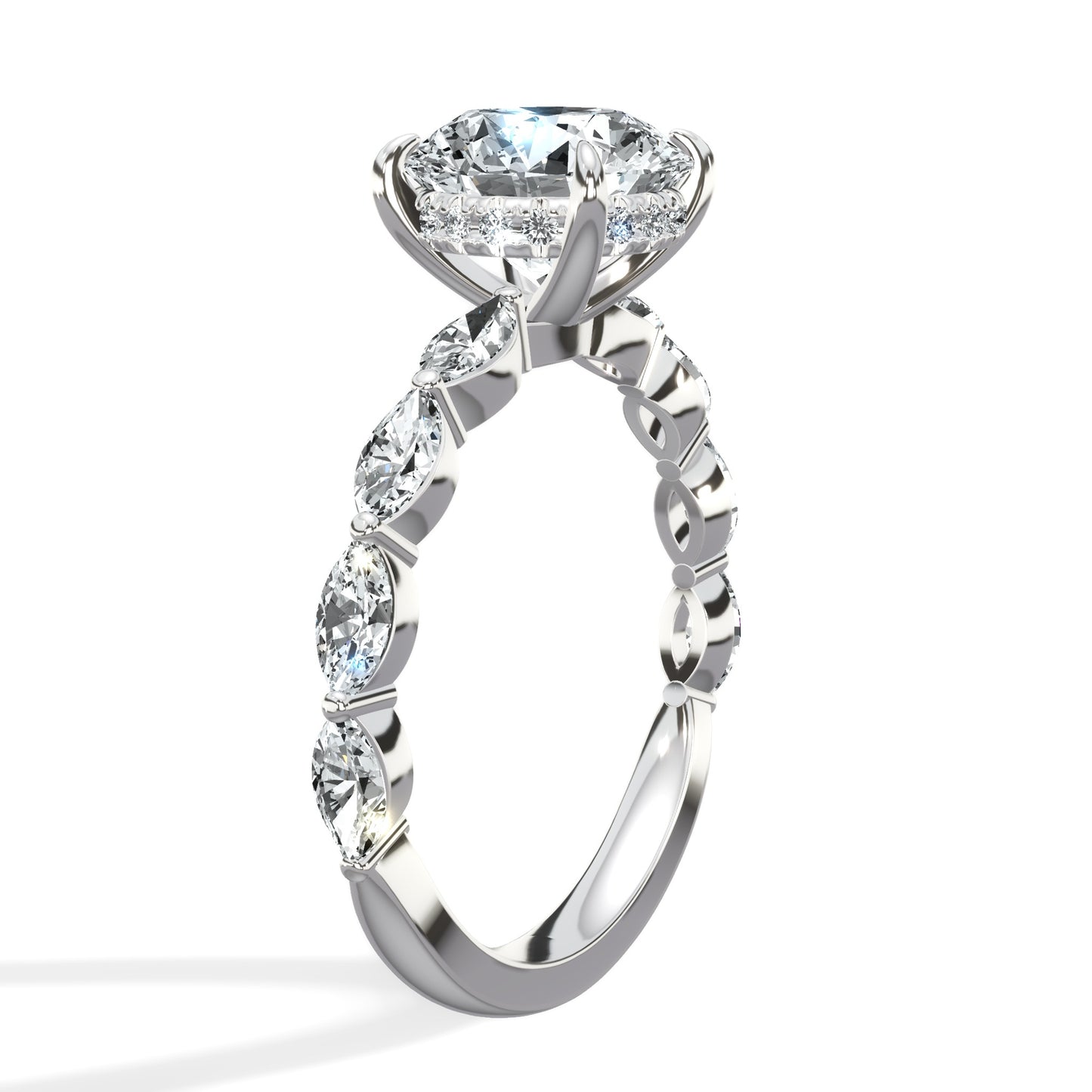 3.11 Carats Lab Grown Round Cut with Marquise Side Stones Hidden Halo Diamond Engagement Ring