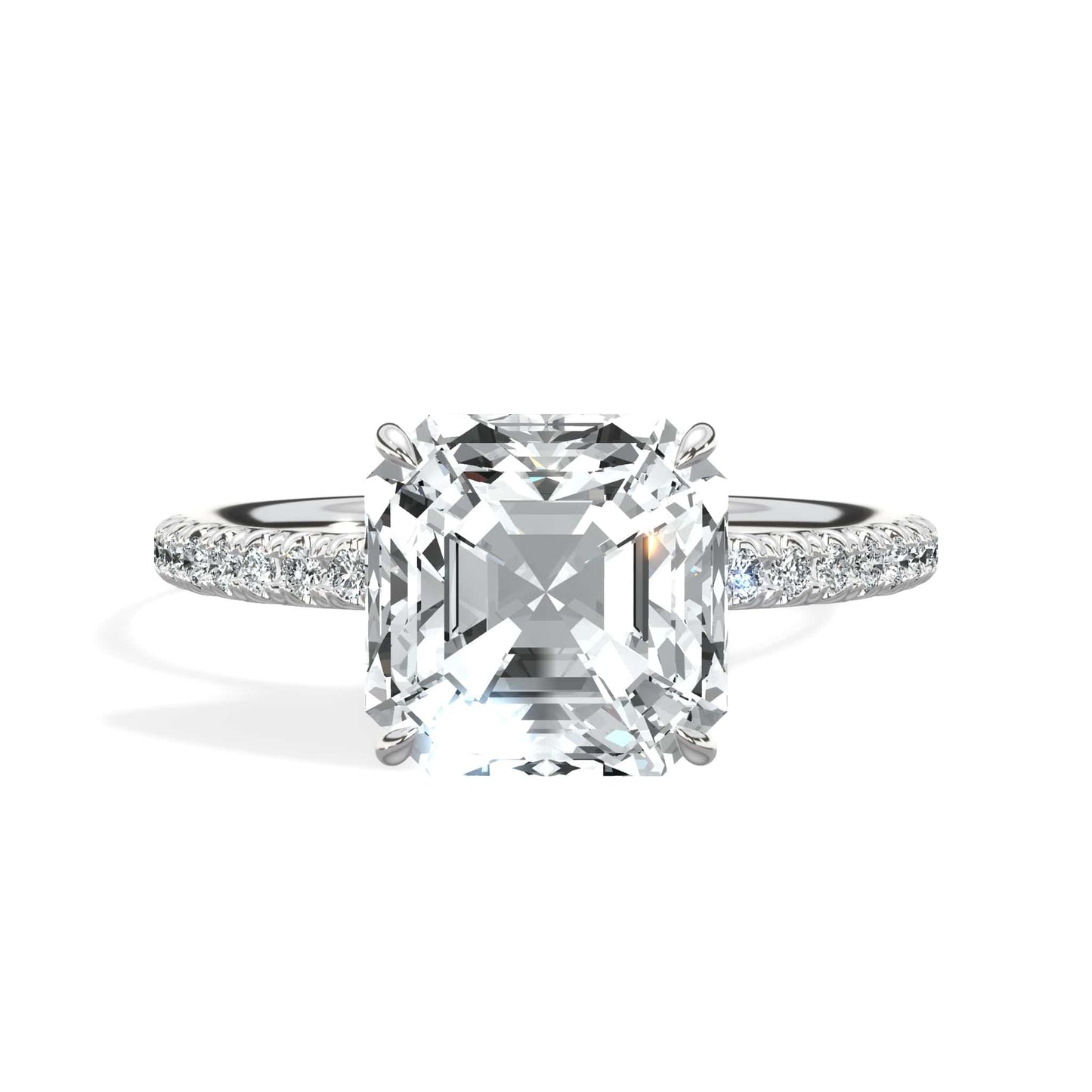3 Carat Lab Grown Asscher Cut Micropaved Side Stones Hidden Halo Diamond Engagement Ring