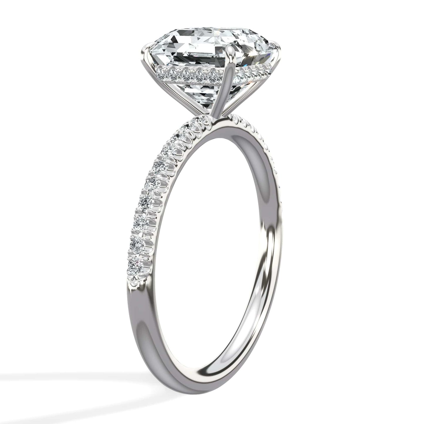 3 Carat Lab Grown Asscher Cut Micropaved Side Stones Hidden Halo Diamond Engagement Ring