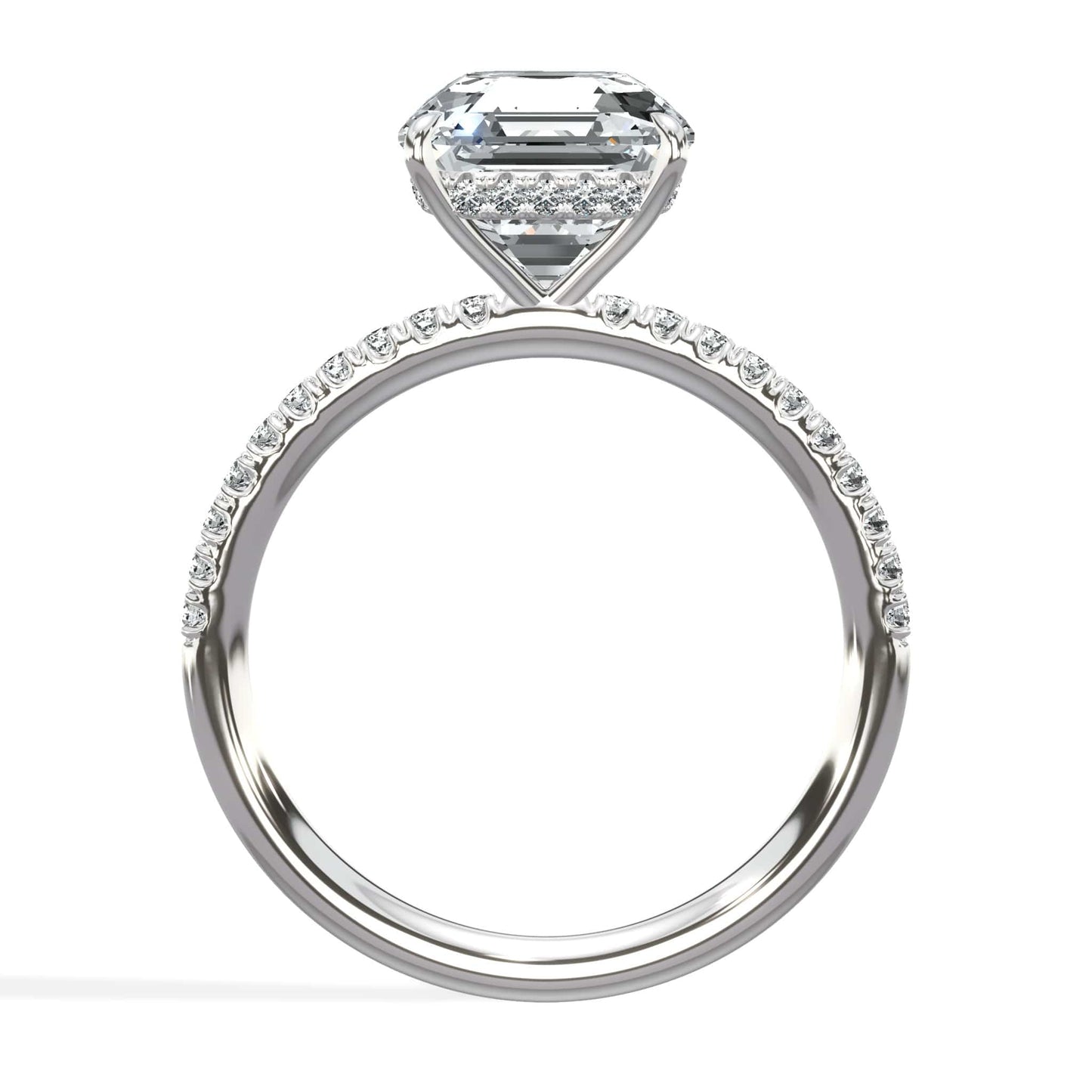 3 Carat Lab Grown Asscher Cut Micropaved Side Stones Hidden Halo Diamond Engagement Ring