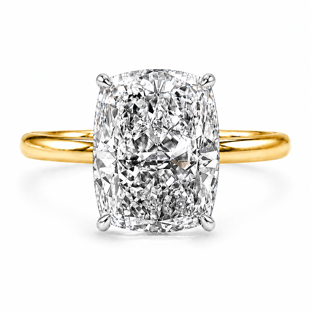 3.18 Carats Lab Grown Elongated Cushion Cut Two Tone Solitaire Hidden Halo Diamond Engagement Ring