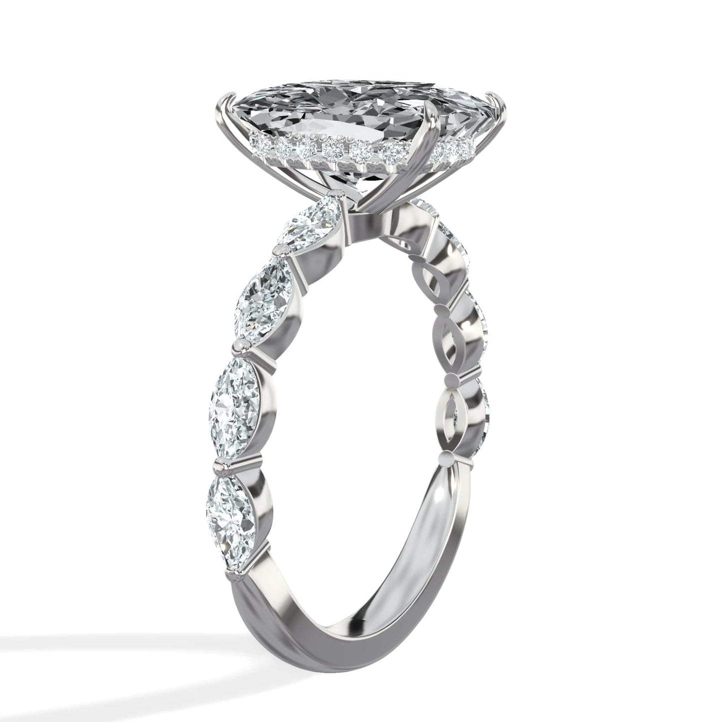 4 Carats Lab Grown Elongated Cushion Cut with Marquise Side Stones Hidden Halo Diamond Engagement Ring White Gold