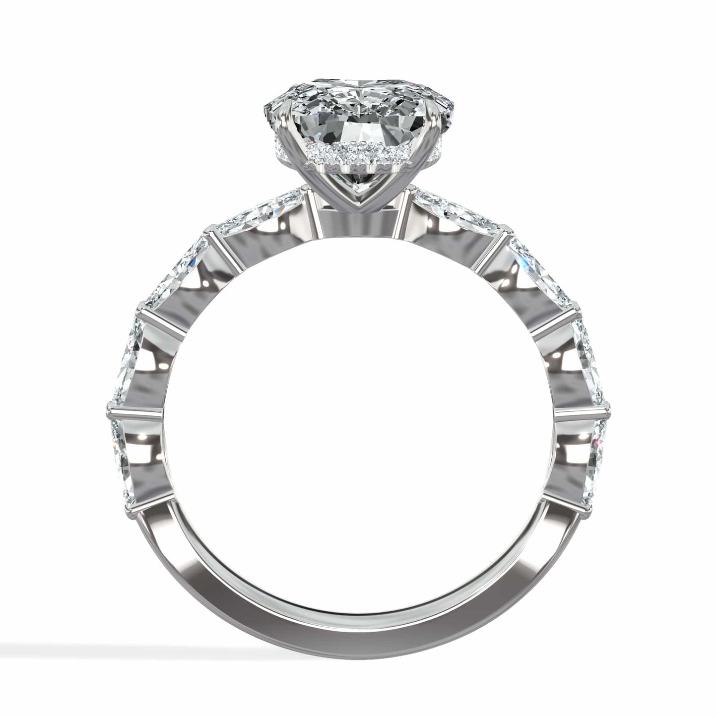 4 Carats Lab Grown Elongated Cushion Cut with Marquise Side Stones Hidden Halo Diamond Engagement Ring White Gold